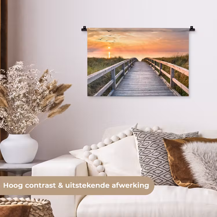 Zonsonderang - Zee - Pad - Gras - Duin - Vogels Wandkleed katoen klein -sfeer1