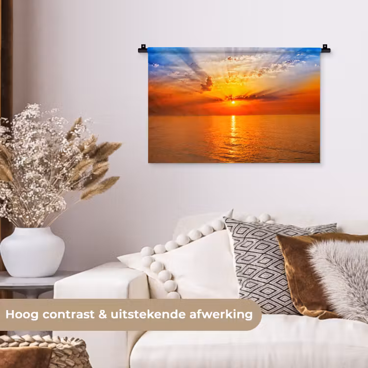 Zonsondergang - Zee - Lucht - Oranje - Horizon - Water Wandkleed katoen klein -sfeer1