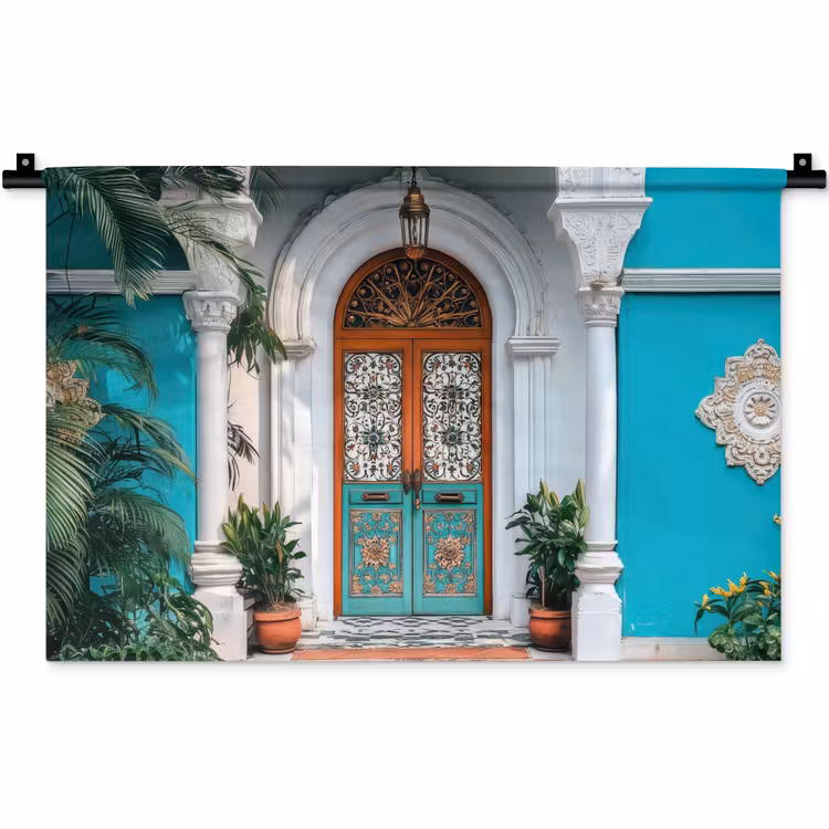 Zuilen - Sierlijke - Deur - Blauw Wandkleed katoen klein -zz3d