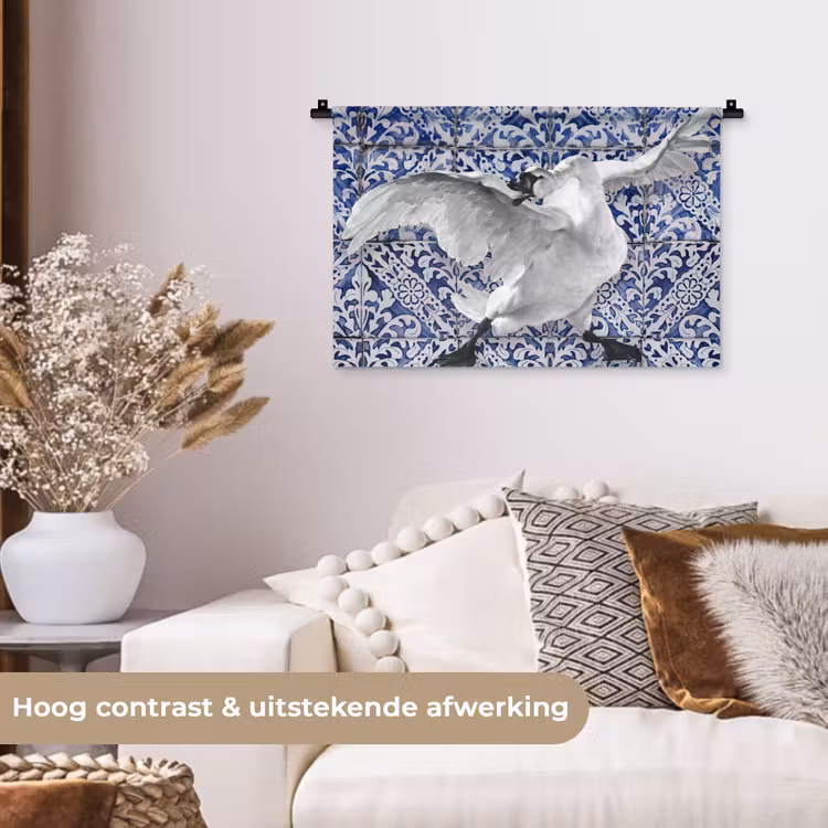 Zwaan - Kunst - Delfts blauw - Schilderij - Oude meesters Wandkleed katoen klein -sfeer1