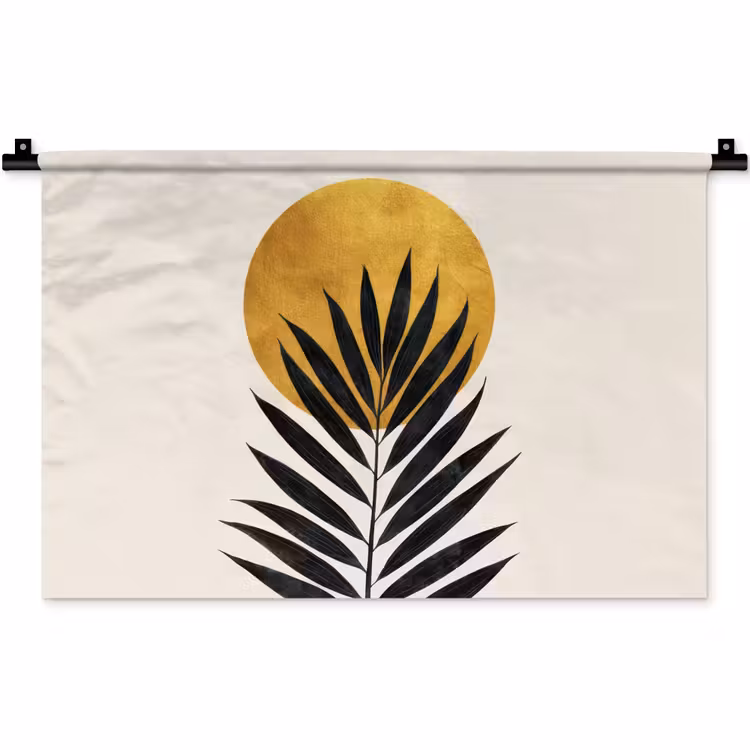 Zwart palmblad - Gouden cirkel - Beige achtergrond Wandkleed katoen klein -zz3d