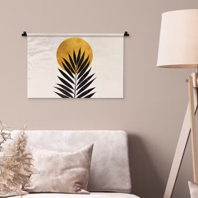 Zwart palmblad - Gouden cirkel - Beige achtergrond Wandkleed katoen klein -sfeer4