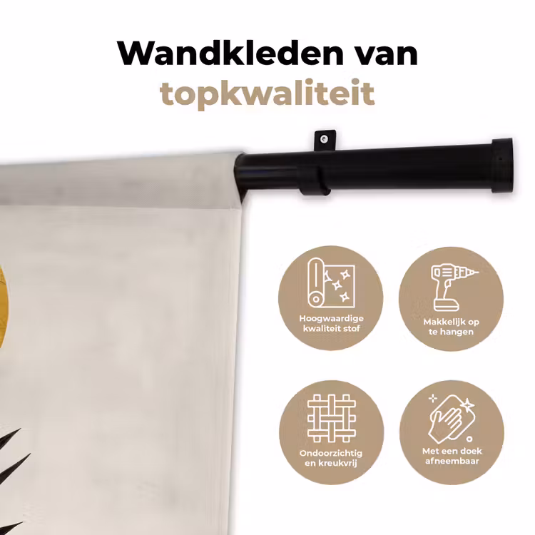 Zwart palmblad - Gouden cirkel - Beige achtergrond Wandkleed katoen klein -sfeer2