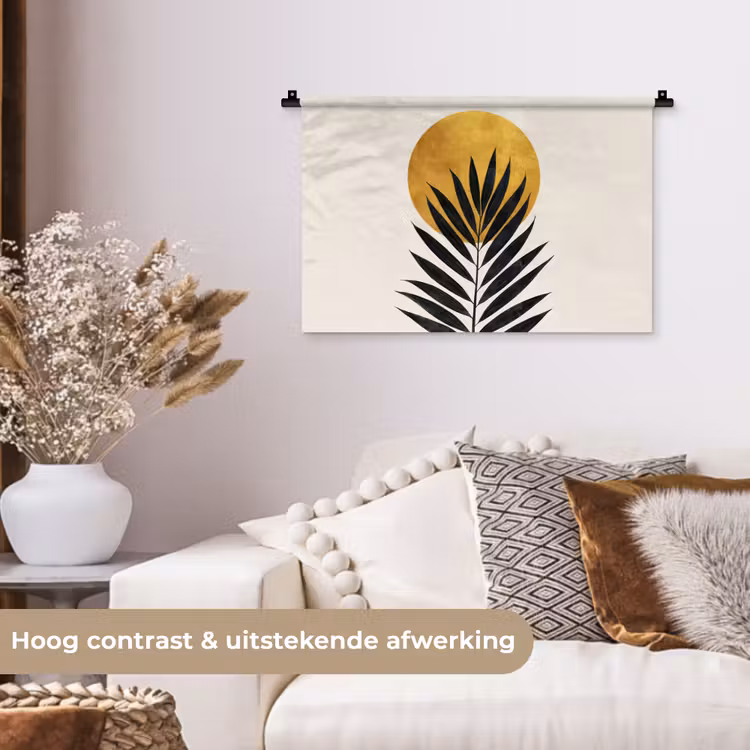 Zwart palmblad - Gouden cirkel - Beige achtergrond Wandkleed katoen klein -sfeer1
