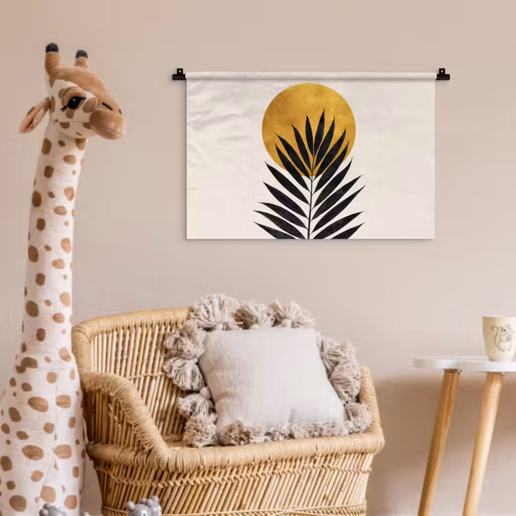 Zwart palmblad - Gouden cirkel - Beige achtergrond Wandkleed katoen klein -wsfeer5_kind