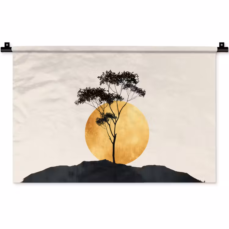 Zwarte boom - Gouden cirkel - Heuvel Wandkleed katoen klein -zz3d