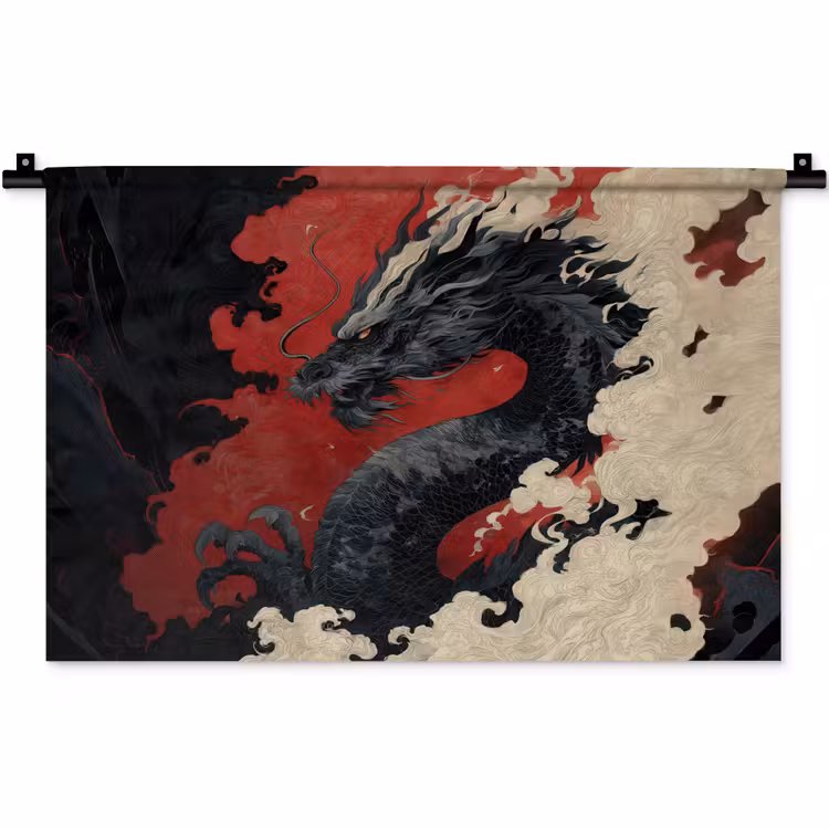 Zwarte draak - Rookwolken - Rood Wandkleed katoen klein -zz3d