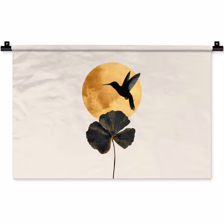 Zwarte kolibrie - Bloem - Gouden cirkel Wandkleed katoen klein -zz3d
