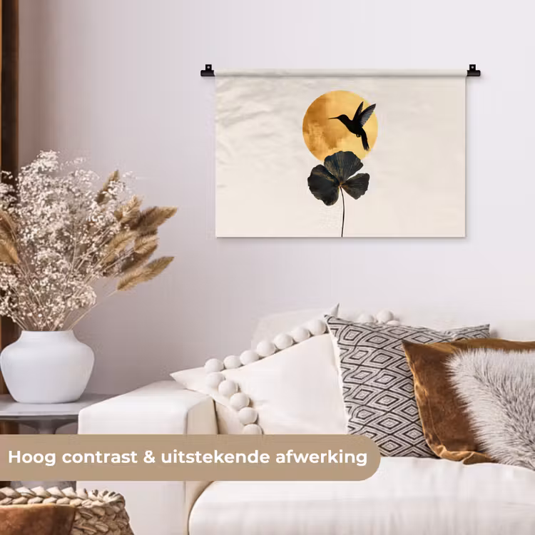 Zwarte kolibrie - Bloem - Gouden cirkel Wandkleed katoen klein -sfeer1