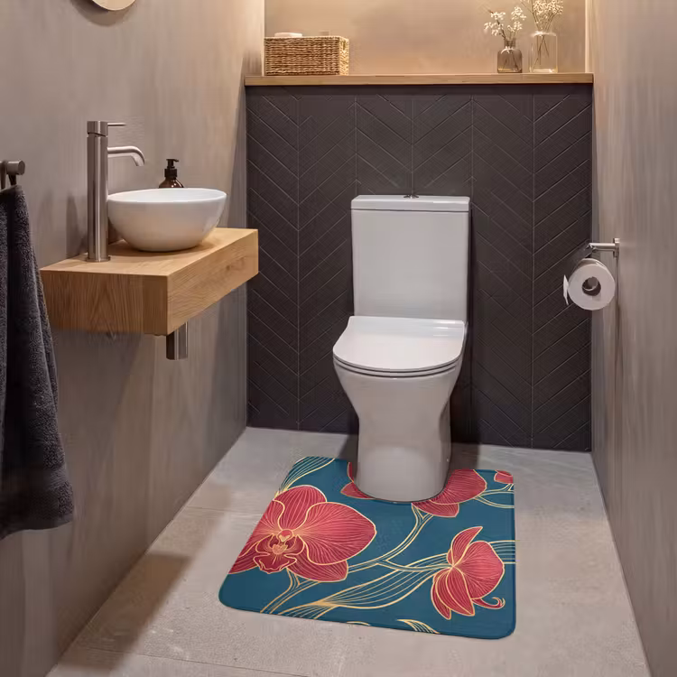 WC Mat - Bloemen - Rood - Goud - Bloemen - Rood - Goud WCmat U-uitsnede middel