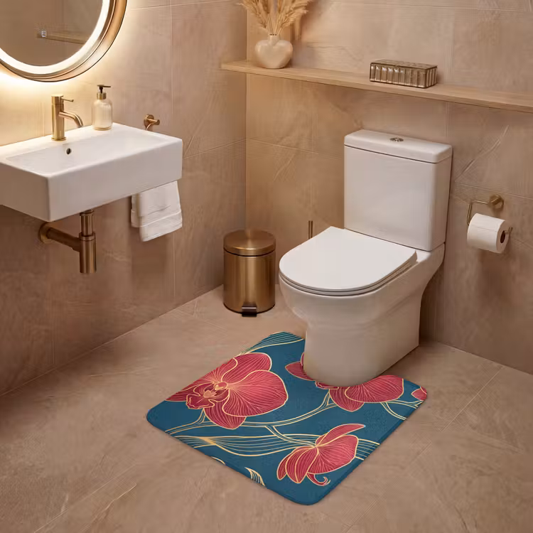 WC Mat - Bloemen - Rood - Goud - Bloemen - Rood - Goud WCmat U-uitsnede middel