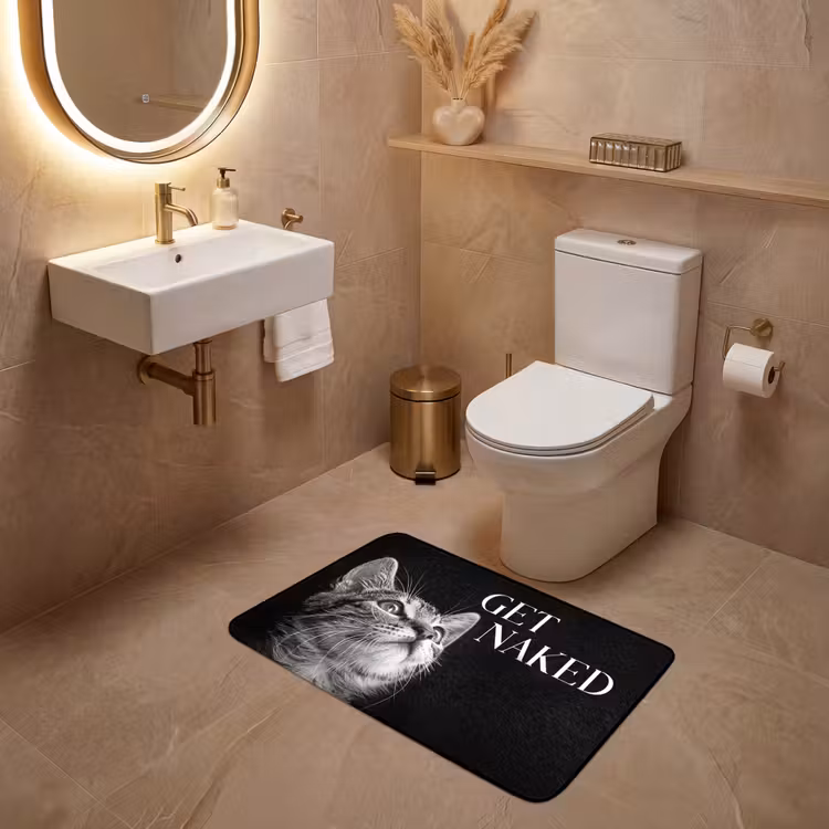 Kat - Dieren - quote - Get naked - Zwart WCmat middel -sfeer3