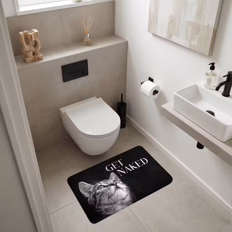 Kat - Dieren - quote - Get naked - Zwart WCmat middel -sfeer1