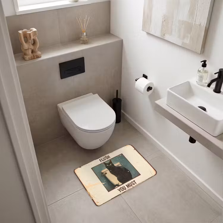 Kat - Vintage - Zwart - Quote - Flush you must WCmat klein -sfeer1