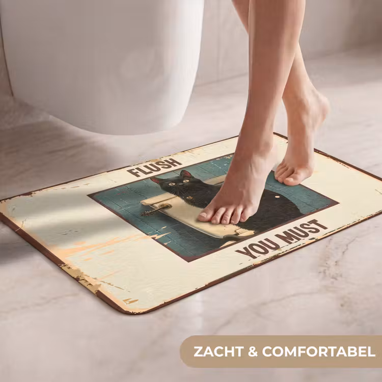 Kat - Vintage - Zwart - Quote - Flush you must WCmat klein -USP_ZachtNL