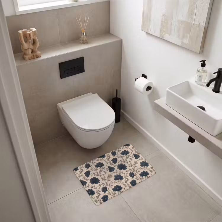 Motief - Bloemen - Zwart - Beige WCmat klein 1009 -sfeer1