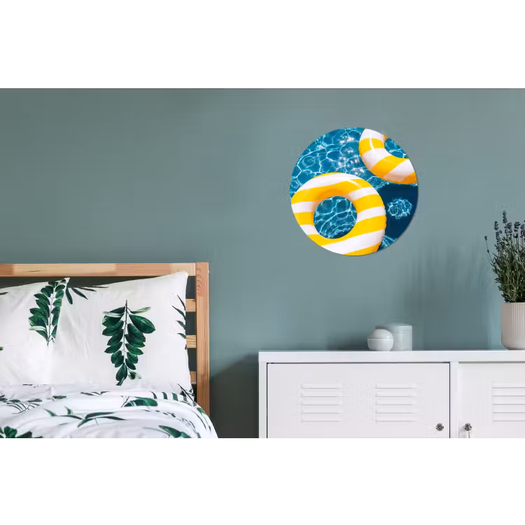 Zwembad - Zwembanden - Zomer - Geel - Blauw Wandcirkel aluminium klein -slaapkamer