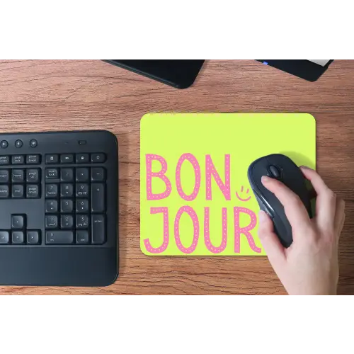 Groen - Smiley - Bonjour - Roze muismat rubber klein -toetsenbord