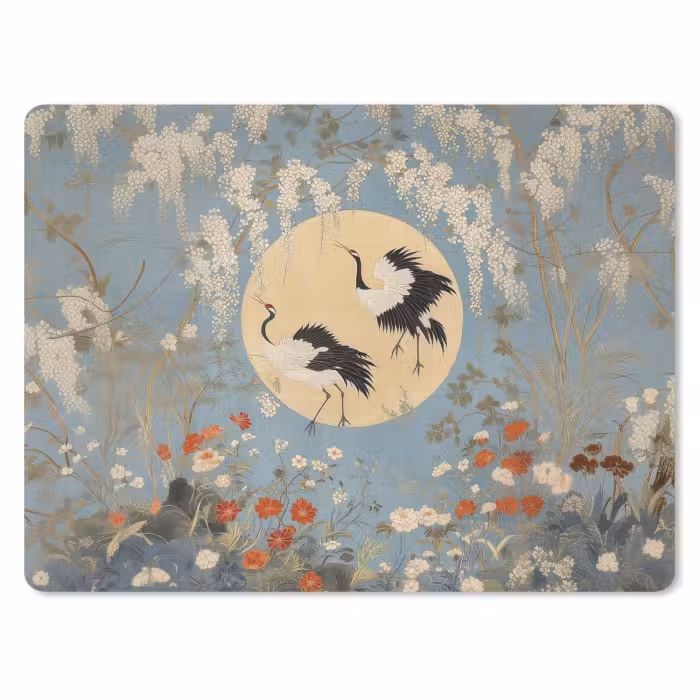 Muismat - Kraanvogels - Maan - Bloemen - Blauw