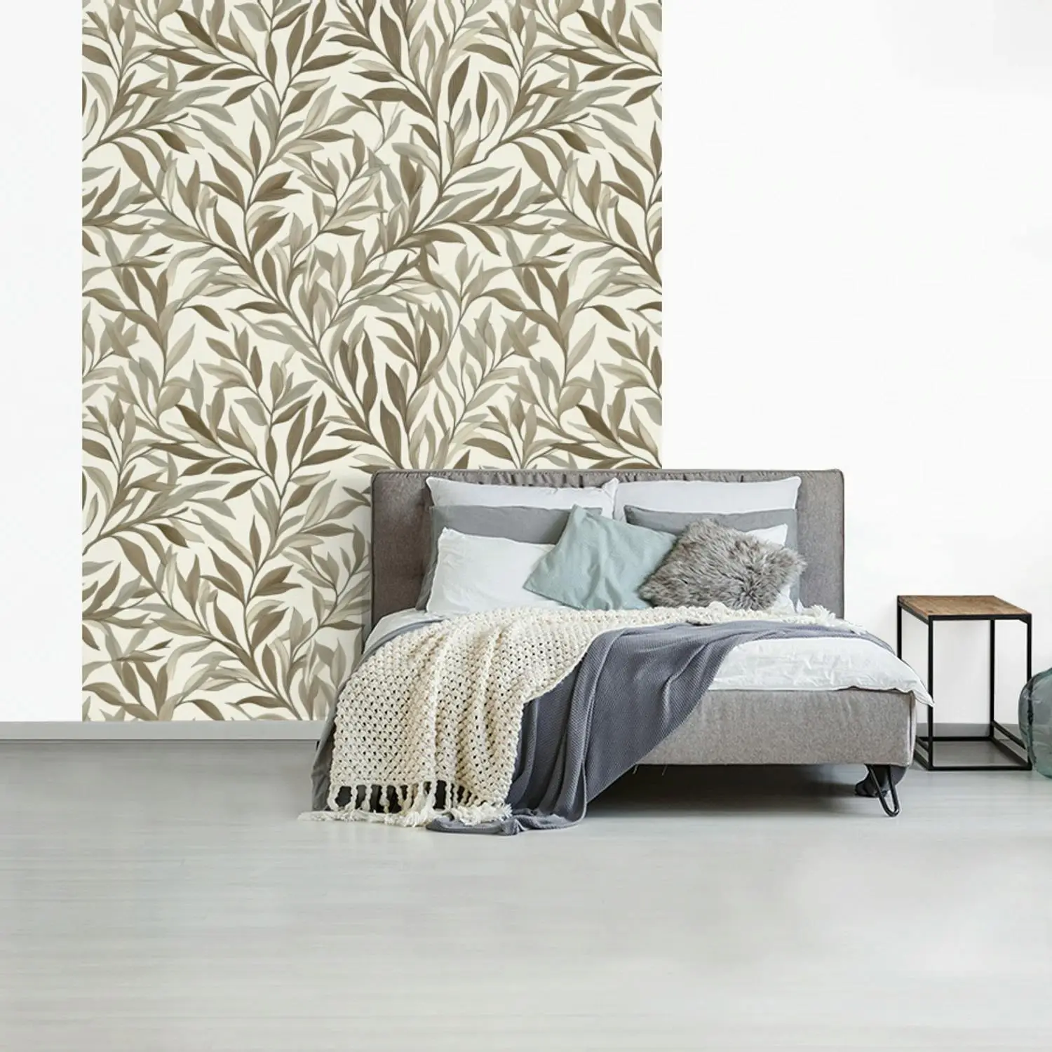 Behang met takken in botanisch stijl in de kleur taupe