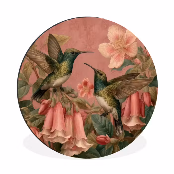 Muurcirkel aluminium Kolibries - Bloemen - Groen - Roze