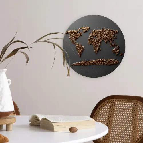 Wereldkaart - Koffie - Grijs Wandcirkel kunststof plaat 5mm dik klein -sfeer4