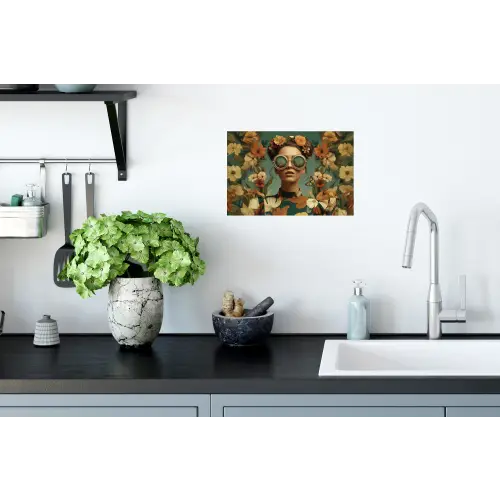 Bloemenkrans - Vrouwengezicht - Zonnebril - Oranje Muursticker klein -keuken