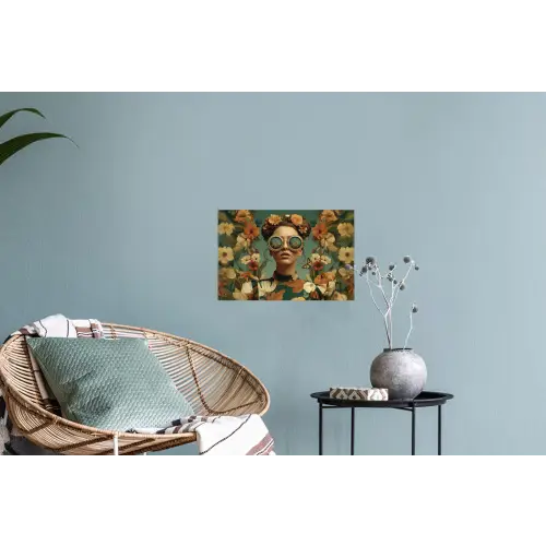 Bloemenkrans - Vrouwengezicht - Zonnebril - Oranje Muursticker klein -plant