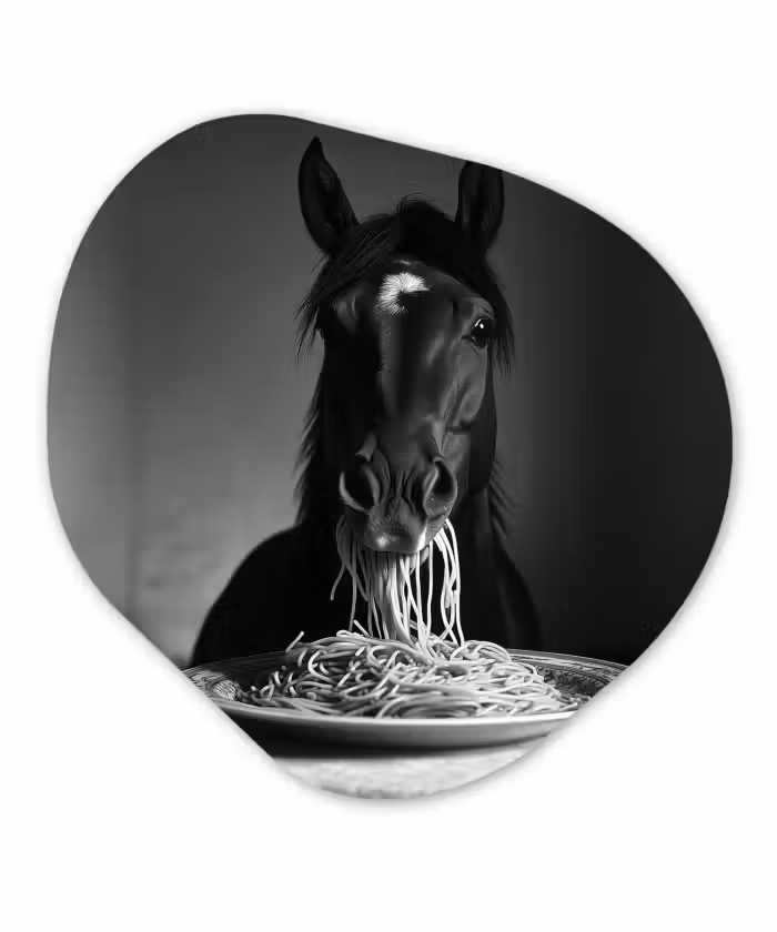 Organisch schilderij aluminium - Paard - Bord - Pasta - Tafelkleed - Zwart Wit - Dieren