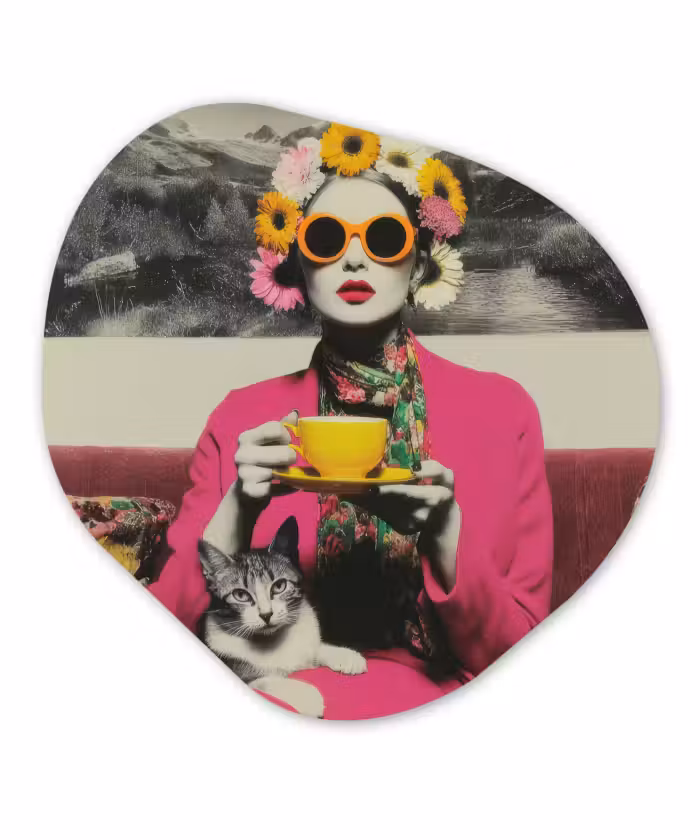 Organisch schilderij forex - Vrouw - Kat - Bloemen - Kopje - Retro