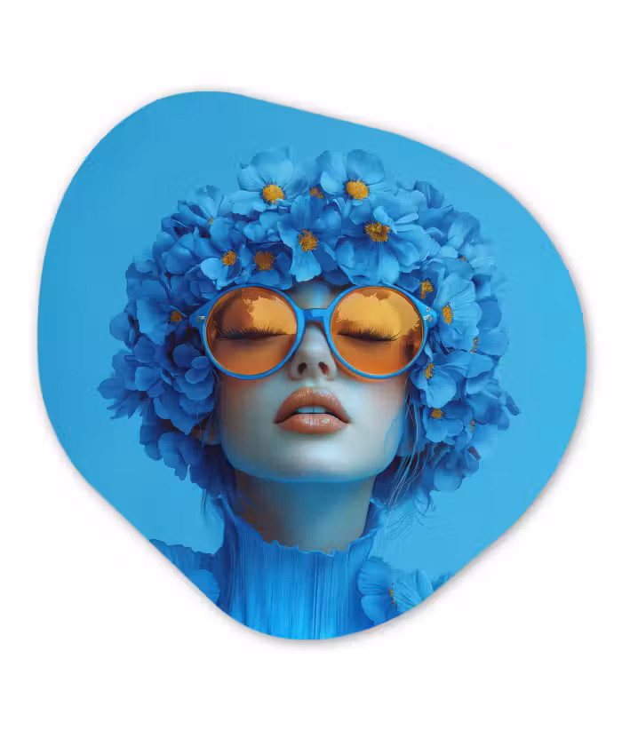 Organisch schilderij glas - Vrouw - Bloem - Blauw - Modern - Bril - Portret
