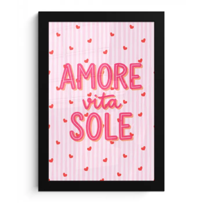 Amore vita sole - Roze - Hartjes fotolijst zwart zonder passe partout klein -3d