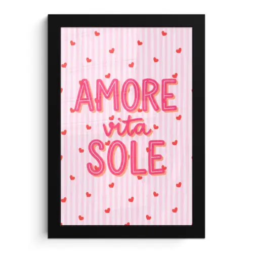 Amore vita sole - Roze - Hartjes fotolijst zwart zonder passe partout klein -3d