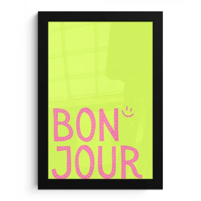 Groen - Smiley - Bonjour - Roze fotolijst zwart zonder passe partout klein -3d