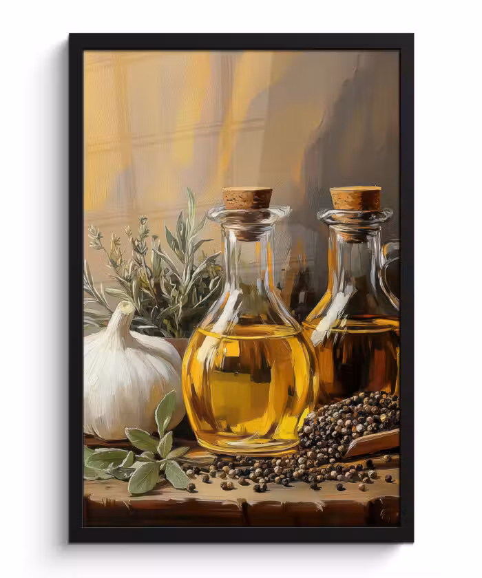 Poster met lijst - Stilleven - Olijfolie - Knoflook - Kruiden