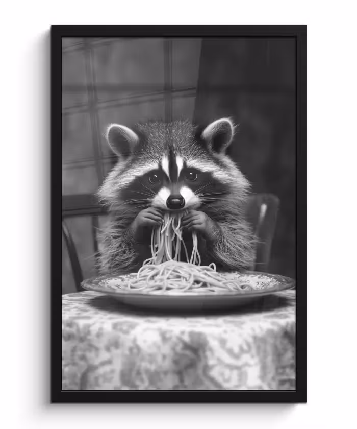 Poster met lijst - Wasbeer - Cute - Pasta - Tafelkleed - Zwart - Wit