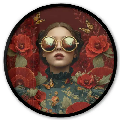 Bloemen - Dieprood - Zonnebril - Vrouw Fotolijst rond zonder passe partout klein -3d