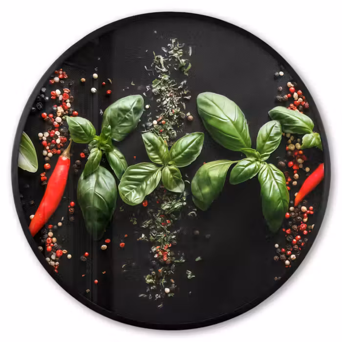 Ronde fotolijst - Chilipepers - Basilicum - Blaadjes - Rood