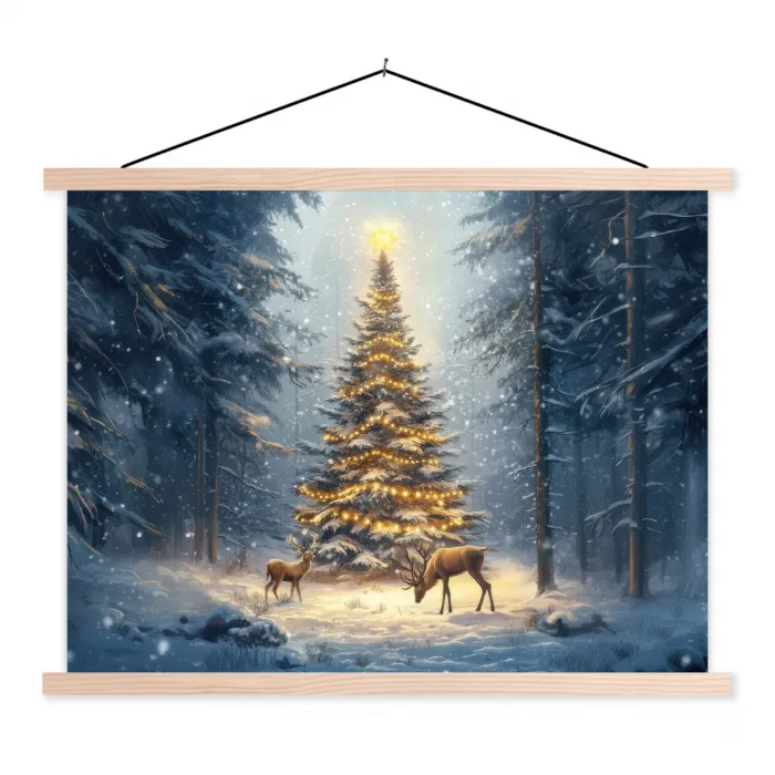 Kerstlicht - Woud - Hert - Donker textielposter latten blank klein -3d