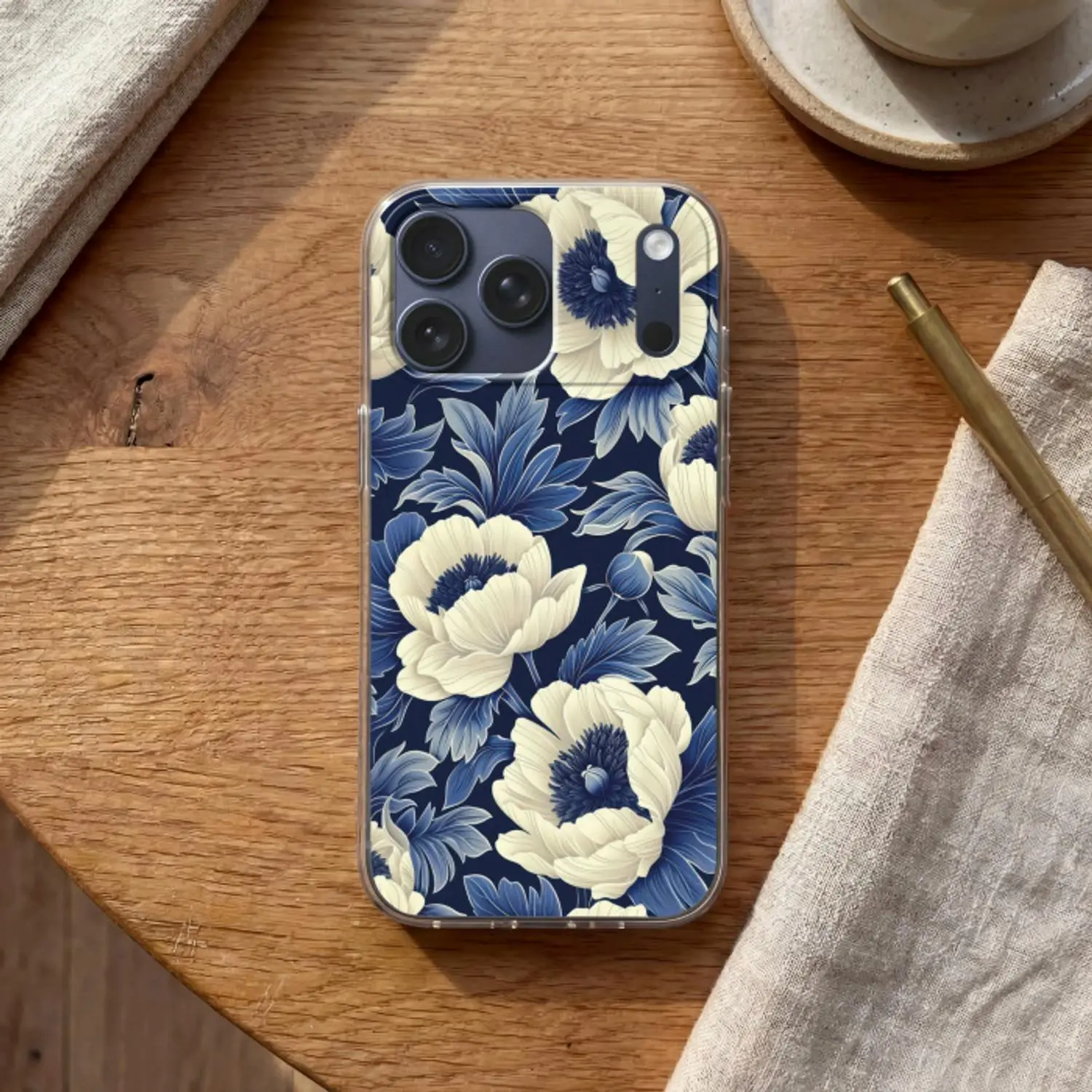 Telefoonhoesje Softcase - Bloemen - Patroon - Blauw - Wit
