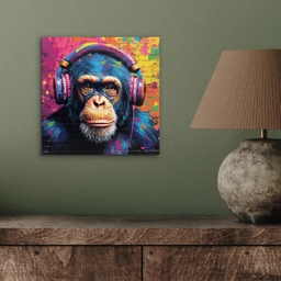 Graffiti - Chimpanzee - Street art - Koptelefoon - Aap aluminium wit klein -sfeer2