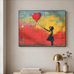 Banksy Style - Kleurrijk - Graffiti - Meisje - Street art Textielframe - compleet frame klein -sfeer2