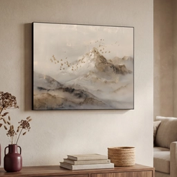 Berglandschap - Mist  - Penseelstreken Textielframe - compleet frame klein -sfeer3