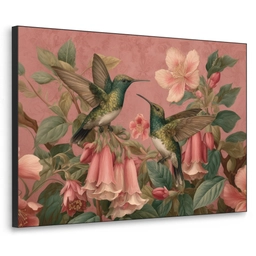 Kolibries - Bloemen - Groen - Roze Textielframe - compleet frame klein -3d