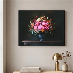 Quote - Bloemen - Vaas - Neon Textielframe zwart klein -sfeer2