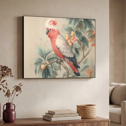 Roze kuifkaketoe - Tak met vruchten - Bladeren Textielframe - compleet frame klein -sfeer3