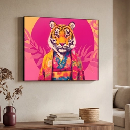 Tijger - Kimono - Planten - Roze Textielframe - compleet frame klein -sfeer3