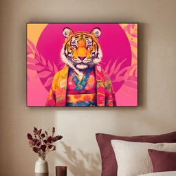 Tijger - Kimono - Planten - Roze Textielframe - compleet frame klein -sfeer1