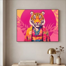 Tijger - Kimono - Planten - Roze Textielframe - compleet frame klein -sfeer2