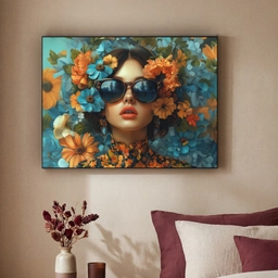 Vrouw - Bloemen - Oranje - Blauw - Modern Textielframe zwart klein -sfeer1